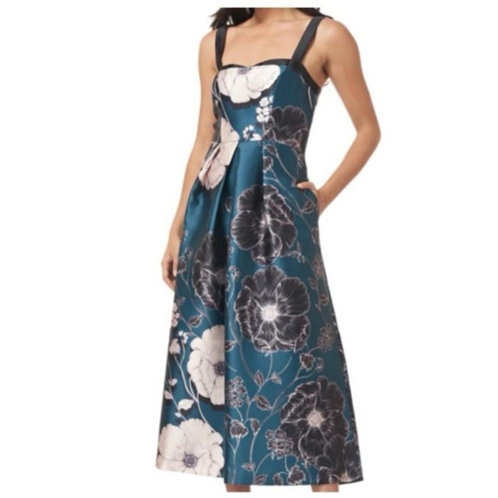 Kay Unger Teal Floral Midi Dress With Pockets Size 16